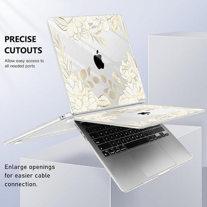 Case for MacBook Air 15 Inch 2025 2024 2023 Release M4 A3241 M3 A3114 M2 A2941, Hard Shell with Screen Protector & Keyboard Cover, Compatible with Touch ID - Gold Rose Flowers