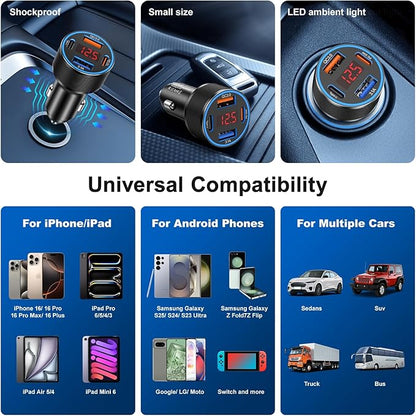 65W iPhone Car Charger Fast Charging, 2Pack 4 Port USB C Fast Car Charger+6ft Type C to C Cable, Dual USB-C & USB-A Cigarette Lighter Adapter with Voltmeter for iPhone 16 15 Pro Max,iPad,Samsung,Pixel