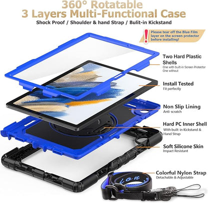 SEYMAC stock Case for Samsung Galaxy Tab A8 10.5'', Full-Body Drop Protection Case with Screen Protector Pencil Holder [360° Rotating Hand Strap] &Stand, Blue+Black