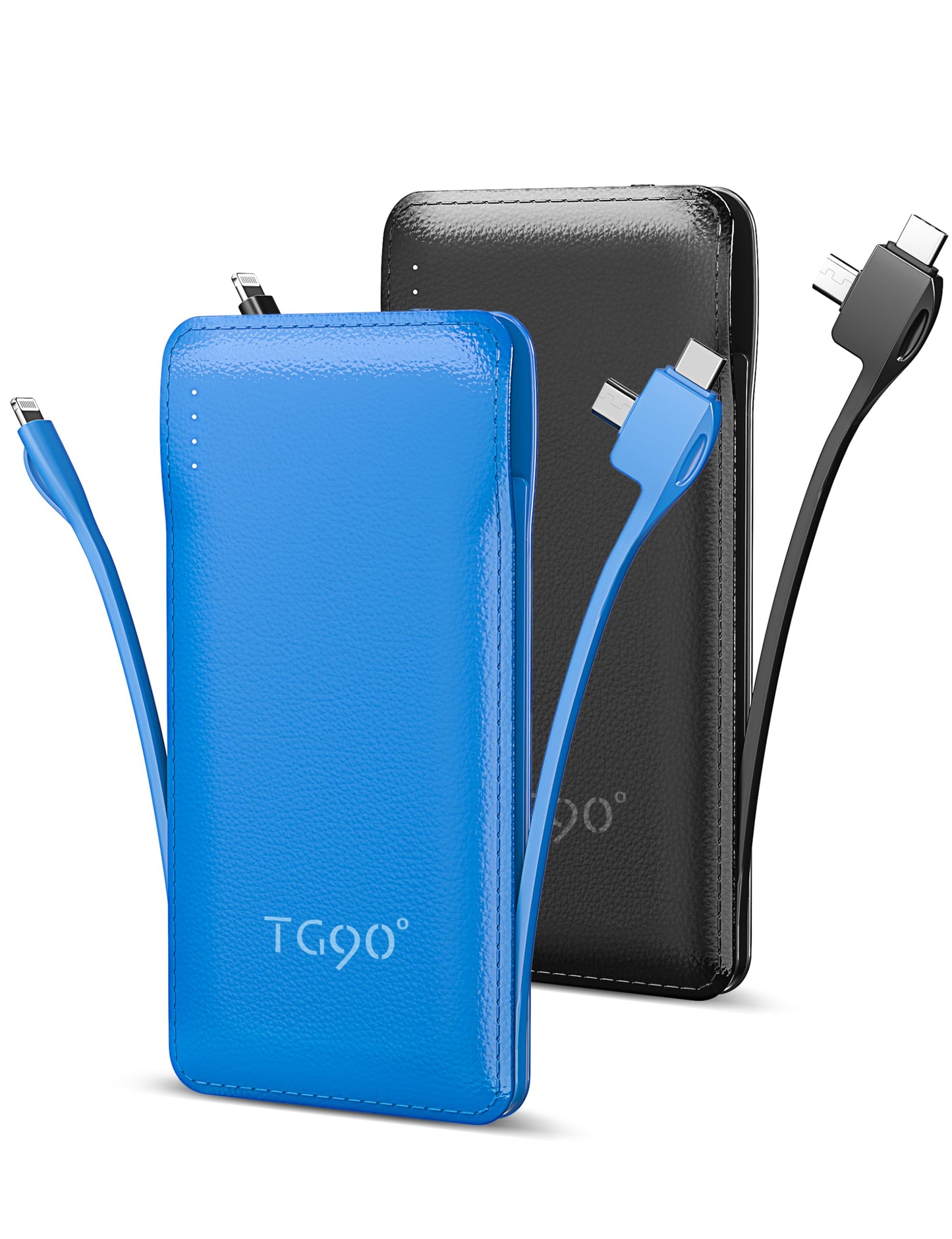 TG90° 10000mAh Slim Portable Charger with Built in Cable,2Pack Black&White