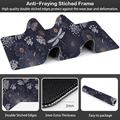 Wildflowers and Insects Desk Mat,Large Cute Flowers Butterflies and Dragonflies Gaming Keyboard Mouse Pad,Non-Slip Rubber Base Desk Pad Thick Stitched Edges Waterproof Mousepad Mouse Mat 31.5"x11.8"