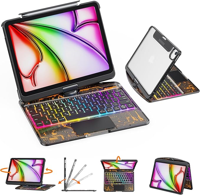 GUSGU Transparent Case with Wireless Keyboard for iPad Air 13-in.(M3/M2, 2025/2024), 7 Colors Backlight, Trackpad, 360°Rotating Stand for iPad Pro 12.9-in (6/5/4/3 Gen), Tech Style