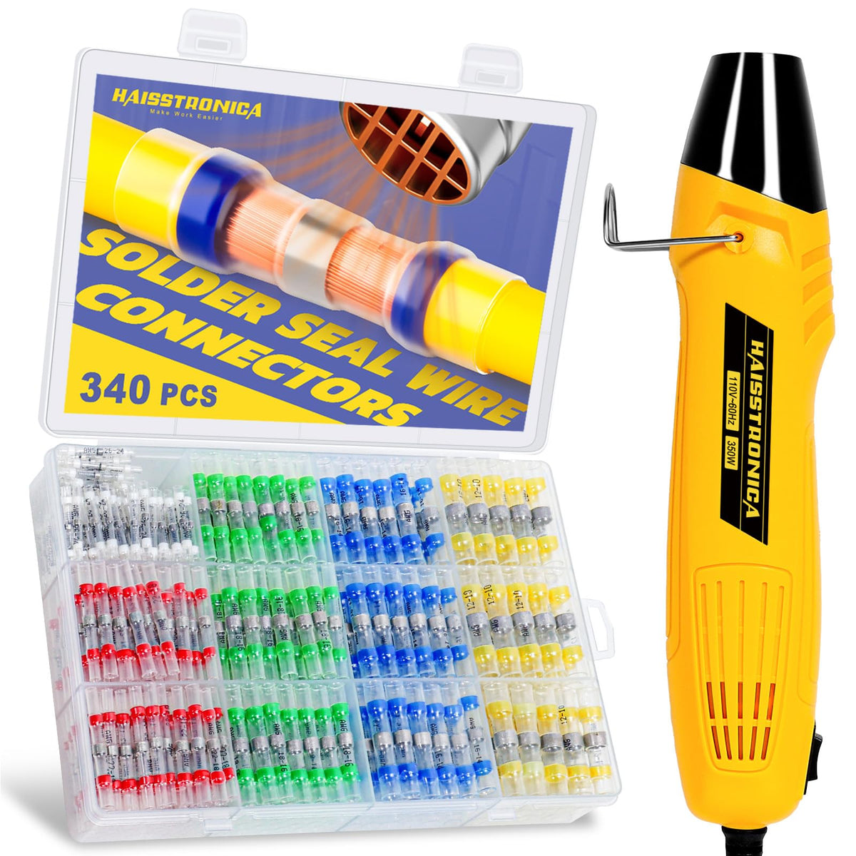 haisstronica 220PCS Solder Seal Connector Kit, 350W Heat Gun, AWG 26-10