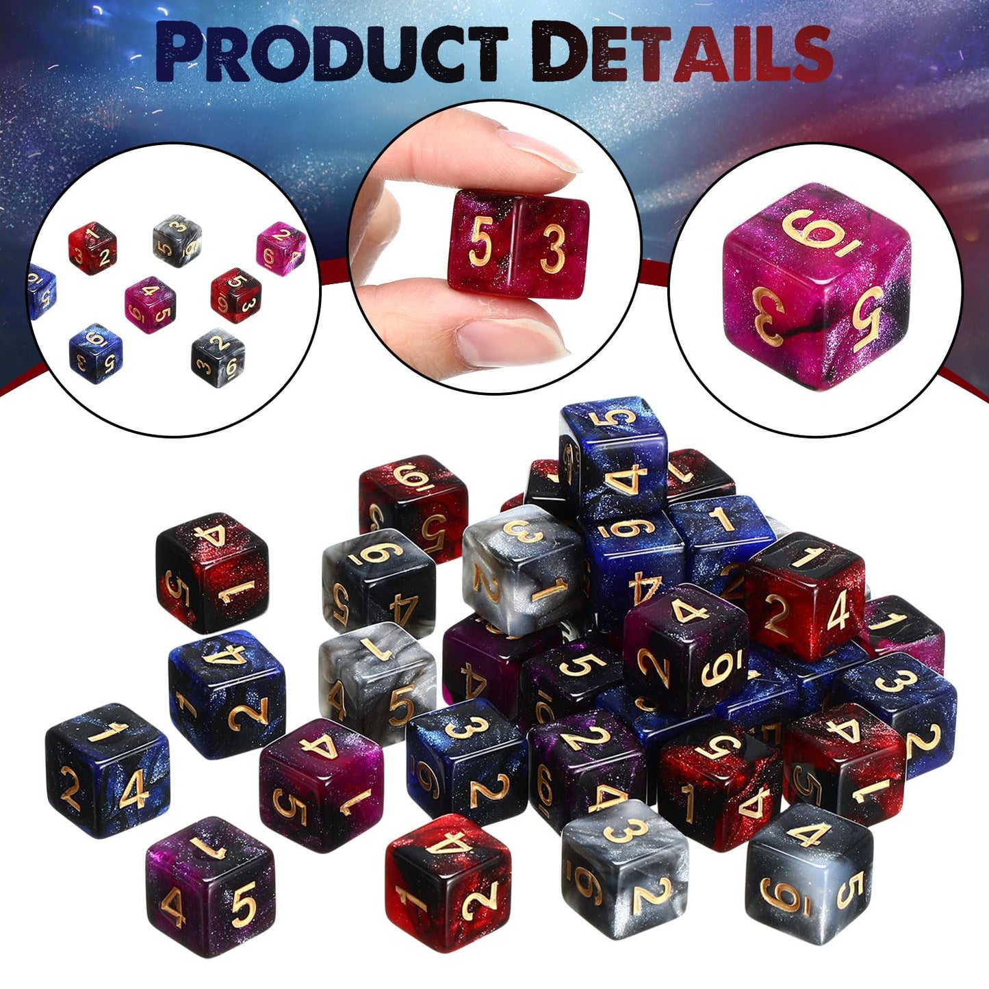 Poen 40 Pcs 16mm Dice Set Bulk, 6 Sided Standard Colored Dices with Numbers, D6 Polyhedral Games Dice for Board Games, Parties (Glitter Color)
