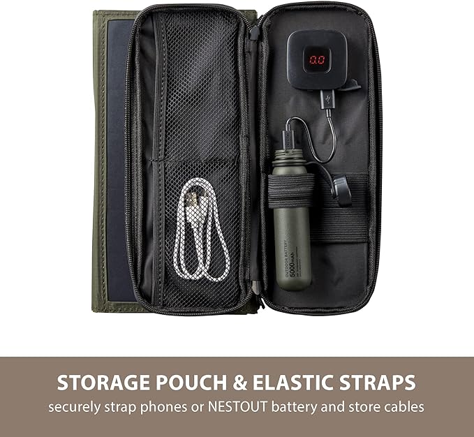 ELECOM NESTOUT Portable Solar Panel, Dual USB-A Ports, 28W Power Generation Charger for Phone Camping, Durable Water-Resistant Ripstop Nylon, Foldable Lightweight, Adjustable Stands (2-Panel)