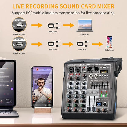 Audio Mixer, 4 Channel Sound Board Mixing Console with 99-Bit DSP, 7-Band Eq Output, Digital MP3 Computer Input, Professional DJ Mixer Board with 48V Phantom Power Stereofor Recording Live