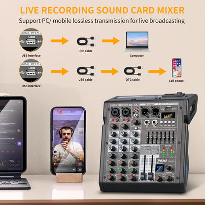 TKLBLS 4 Channel Audio Mixer for Home Audio, Sound Mixer Board with USB Interface, 99 DSP Effects, 48V Phantom Power, XLR Inputs for Karaoke, Recording