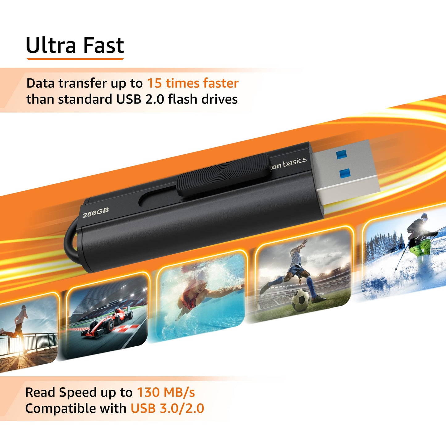 Amazon Basics 256 GB Ultra Fast USB 3.1 Flash Drive, High Capacity External Storage for Photos Videos, Retractable Design, 130MB/s Transfer Speed, Black