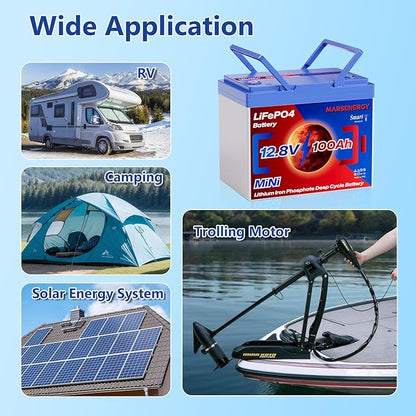12V 100Ah Lifepo4 Battery, Bci Group 24, Built-In 100A Smart BMS, 4500 To 15000 Deep Cycle Grade A Cells Lithium Battery For Rv, Trolling Motor, Marine, Home Energy Storage, Solar Panel System (BT2PC)