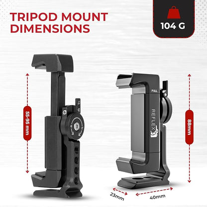 REFLEX CAMERA Metal Mobile Phone Tripod Mount, 360° Rotatable with Cold Shoe Mount, Universal Smartphone Attachment Clamp, 1/4" & 3/8" Mounting Screw Holes, Arca Swiss compatible Base Plate for iPhone