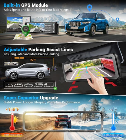 PORMIDO OEM Rear View Mirror Camera with Auto-Brightness, 11" Mirror Dash Cam with 2K Ultra-Bright Touchscreen, Detached Front Backup Rearview Zoom Built-in GPS Night Vision 64GB Card Parking Monitor