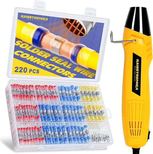 haisstronica 220 PCS Solder Seal Wire Connectors with Heat Gun Kit - Solder Sticks Wire Terminals Waterproof Electrical Connectors for Automotive, Marine, Wiring Repair