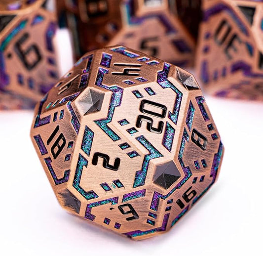OGCOPHEN Metal DND Sci-fi Dice Set 7PCS Stripe Polyhedral Dice for Dungeons Dragons RPG Role Playing Game, Glitter D and D Dice with Gift Box D6 D8 D10 D12 D20 (Ancient Bronze&Green Purple)