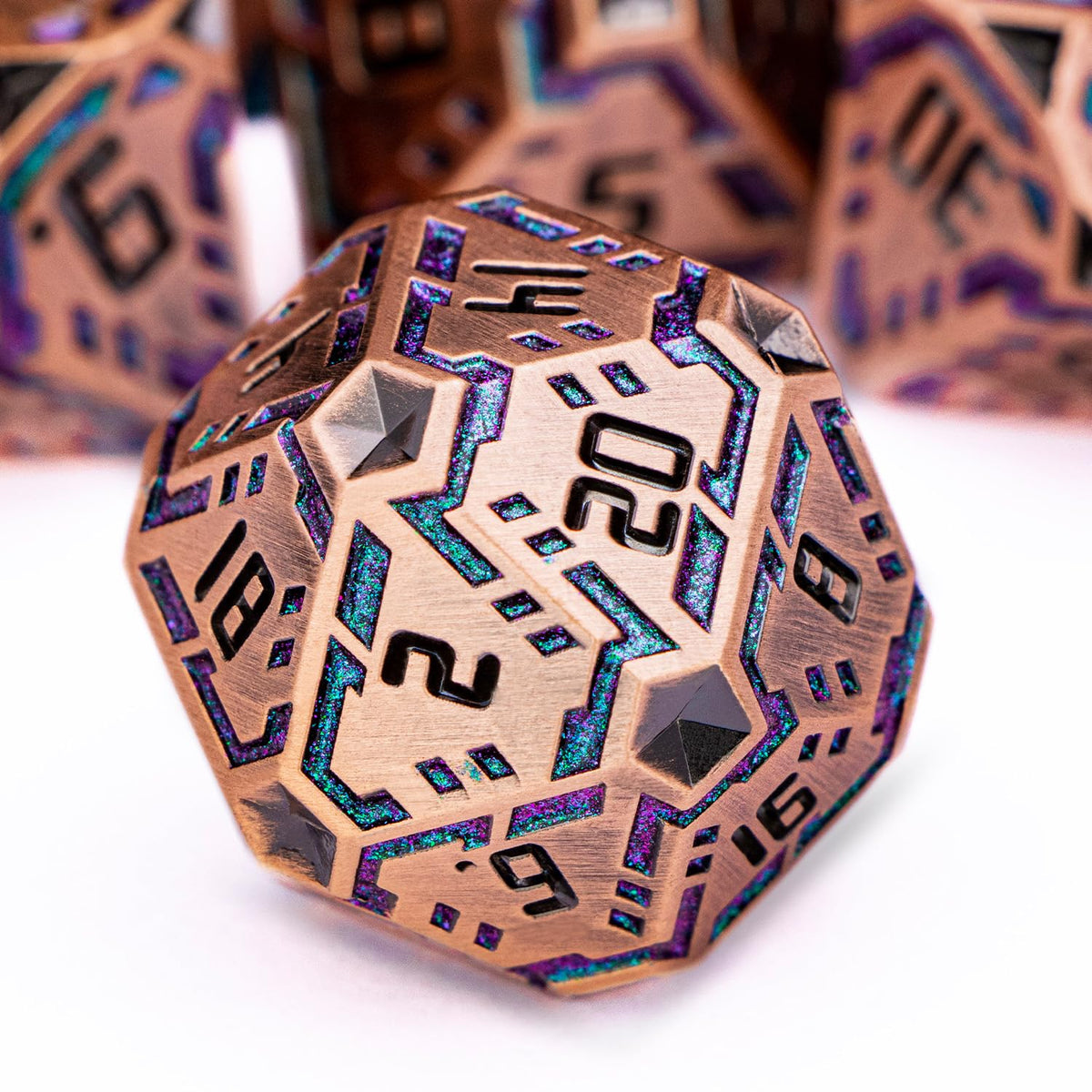 OGCOPHEN Metal DND Sci-fi Dice Set 7PCS Stripe Polyhedral Dice for Dungeons Dragons RPG Role Playing Game, Glitter D and D Dice with Gift Box D6 D8 D10 D12 D20 (Black&Blue Purple)