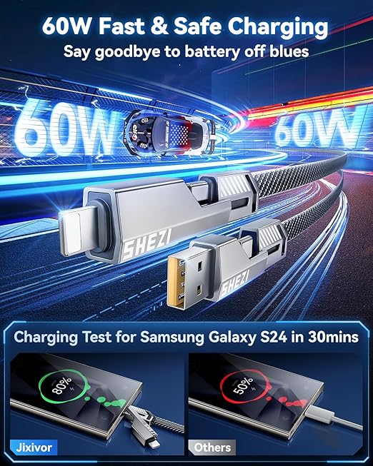Jixivor 5FT 4 in 1 Multi Charging Cable, 60W USB A/C to C/Lightning Cable Combo, Support High-Speed Charging & Fast Data Transfer, CarPlay & Android Auto, Multi Charger Cord for iPhone/Samsung/iPad