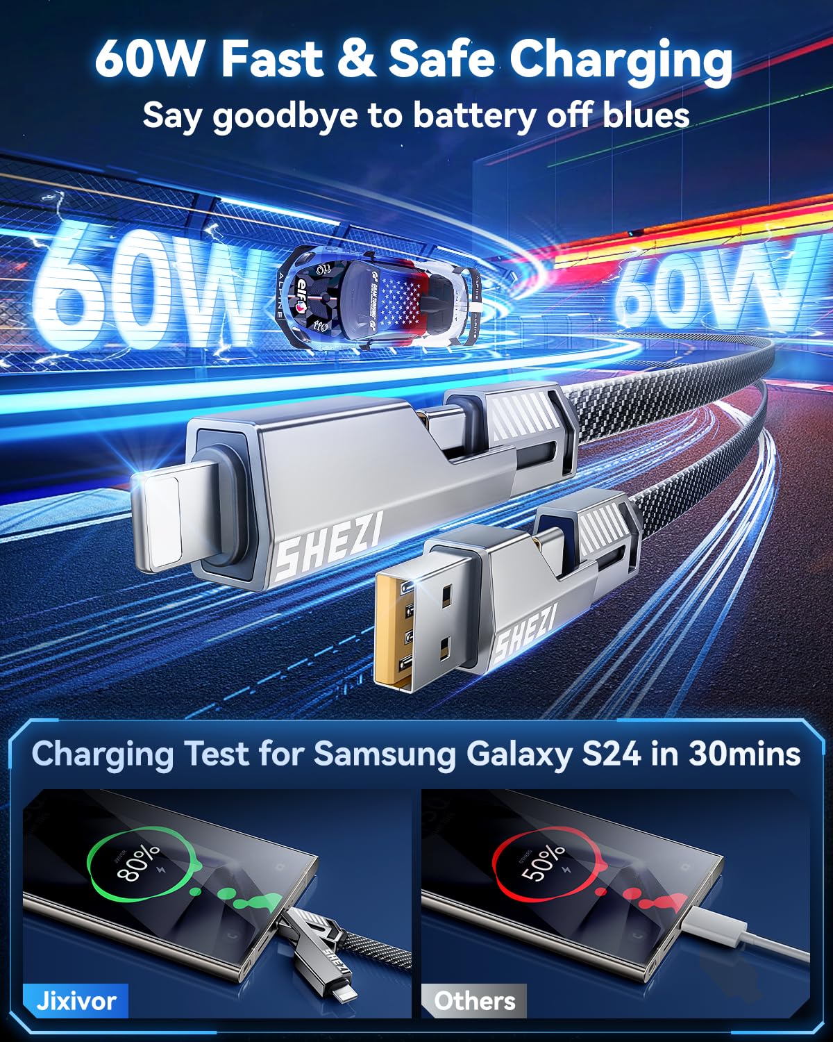 60W 4 in 1 Multi Charging Cable, 5FT USB C/A to C/Lightning Cable Combo