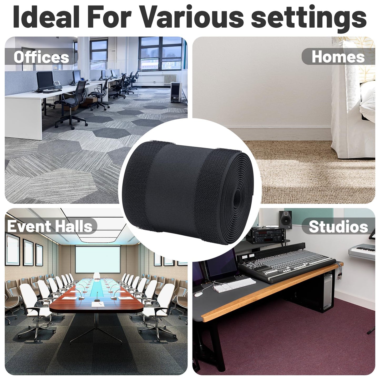 IHKFILAN Carpet Cord Cover Carpet Cable Management Under Desk Cable Grip Strip Black Hook and Loop Tape Cable Polyester Cover Protect Cables to Prevent Tripping Over Wires for Homes & Office (20ft)