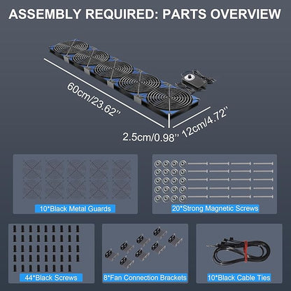 120mmx5 600mm Adjustable Computer PC Vent Fans 3V-12V Speed Controller for Flexible Arrange Rack Space Window Wall Cabinet Server Mining Rig Chicken Coop Exhaust Cooling