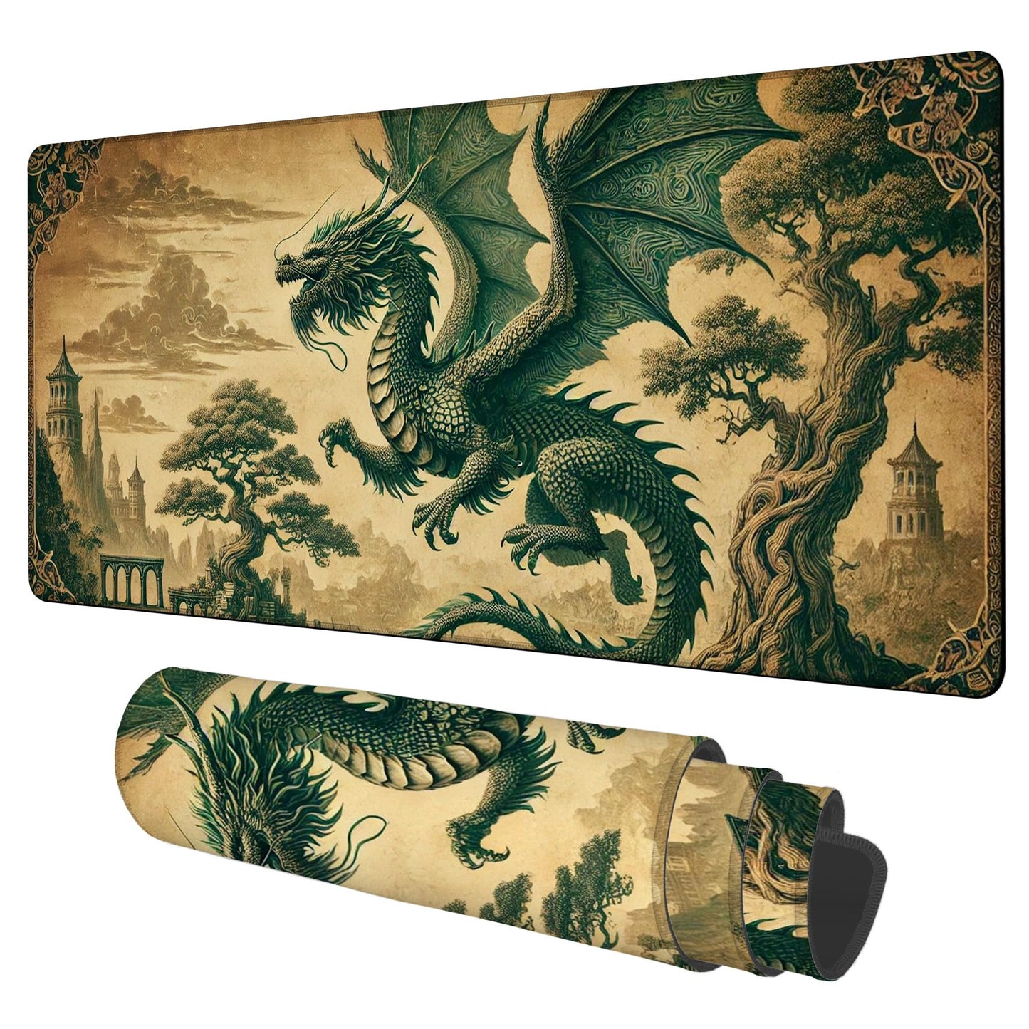 NITAHHHY Vintage-Style Dragon Gaming Mouse Pad 3mm Thick Stitched Edge Waterproof Non-Slip Large Computer Keyboard Mouse Mat,Suitable for Office Entertainment Decorative Desk Pad 35.4 x 15.7 Inches
