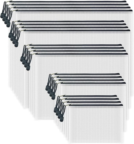 AUSTARK 20pcs Mesh Zipper Pouch Bags, Multipurpose Waterproof Organization Storage Bag for Office School Home Travel (Multi-Size, White and Black)