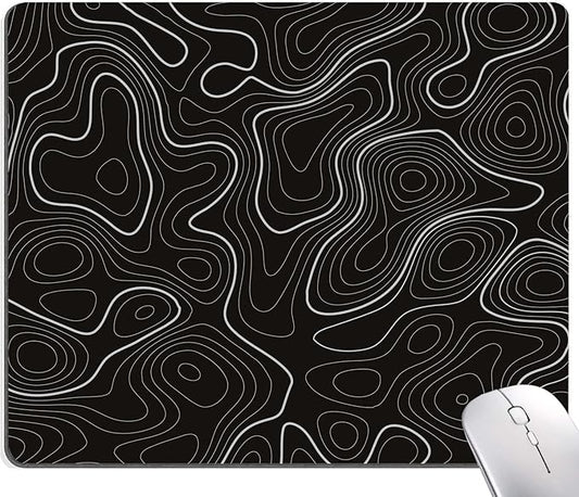 Topographic Contour Map Mouse Pad, Black Minimalist Mouse Mat Waterproof Non-Slip Rubber Base MousePads for Office Laptop Computer Desk