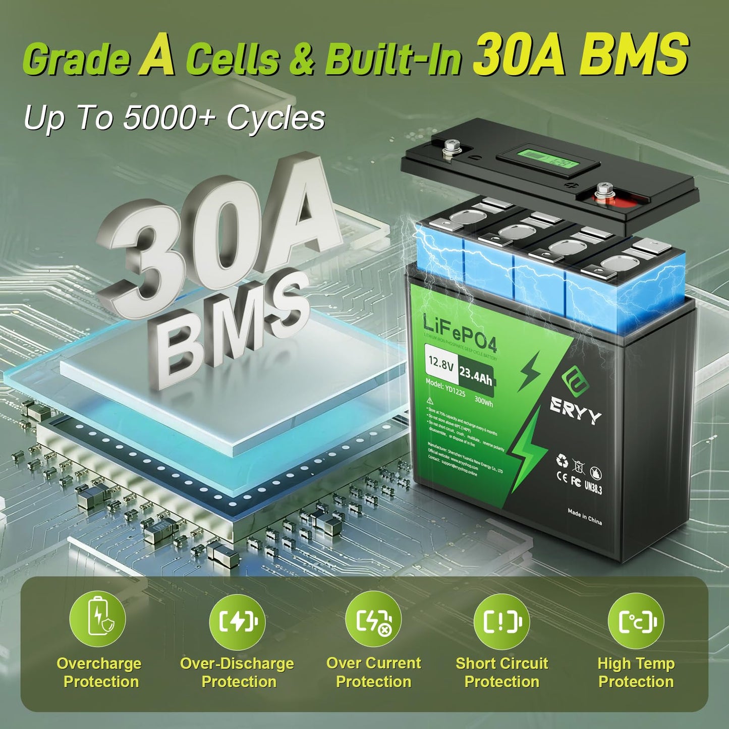 ERYY 12V 23.4Ah(30Ah) LiFePO4 Lithium Deep Cycle Battery With 30A BMS & Voltage Indicator, 12 Volt Battery Lithium Iron Phosphate for Fish Finder, Ham Radio, Solar, Scooters, Power Wheels, RV, Camp