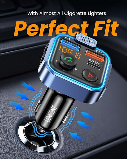 LENCENT FM Transmitter in-Car Adapter, Type-C PD 20W+ QC3.0 Fast USB Charger, Wireless Bluetooth 5.3 Radio Car Kit, Hands-Free Calling, MP3 Player Receiver Hi Fi Bass, Support U Disk