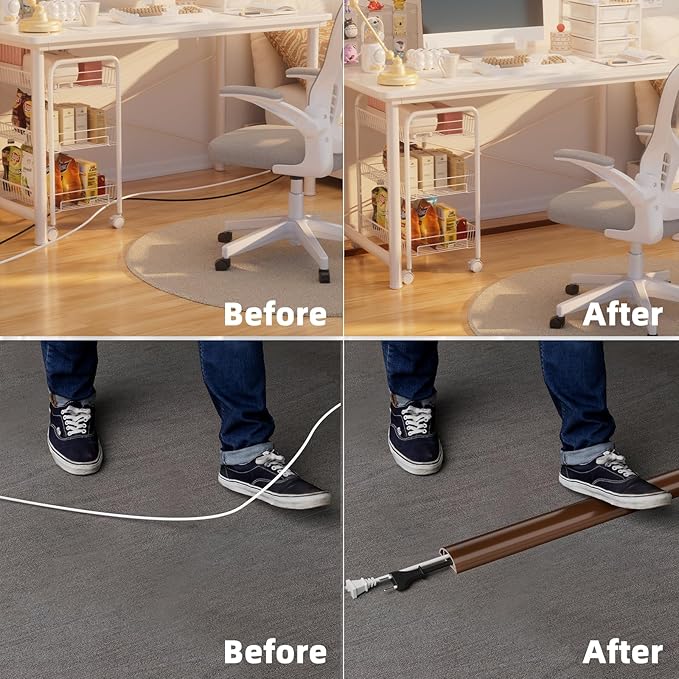 4ft Floor Cord Cover, Silicone Wire Hider, Hide Extension Cords, Protect Cords, Prevent Cable Trips, Heavy-Duty Adhesive-Backed Anti-Trip Cable Protector for Floor, Desk & Wall