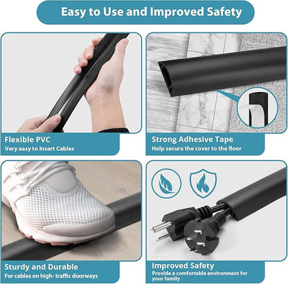 8.5FT Black Cord Cover Floor, Cord Protector, Floor Extension Cable Cover, Soft PVC Wire Covers - Cord Cavity: 0.7" (W) x 0.4" (H)