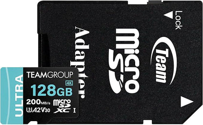 TEAMGROUP A2 Ultra Card 128GB Micro SDXC UHS-I U3 A2 V30, R/W up to 200/80 MB/s with Adapter TULMSDX128GIA2V3022503
