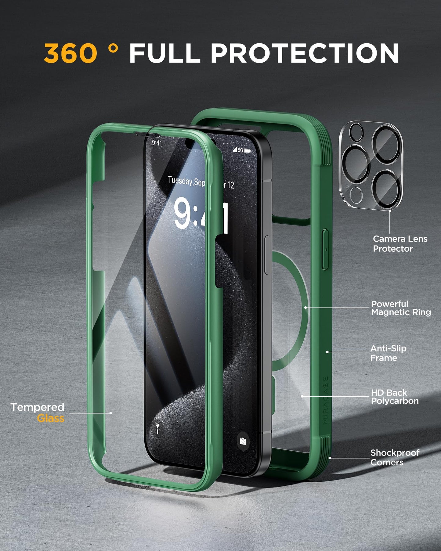 Miracase Magnetic for iPhone 15 Pro Case [Compatible with MagSafe] Full-Body Bumper Phone case with Built-in Glass Screen Protector& Camera Protector, Military Drop Proof 15 Pro Cover, Magnetic Green