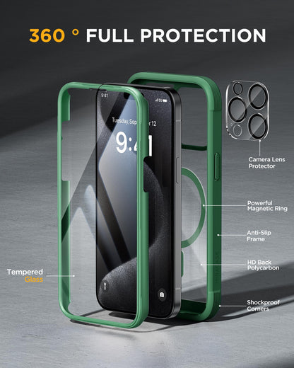 Miracase Magnetic for iPhone 15 Pro Case [Compatible with MagSafe] Full-Body Bumper Phone case with Built-in Glass Screen Protector& Camera Protector, Military Drop Proof 15 Pro Cover, Magnetic Green