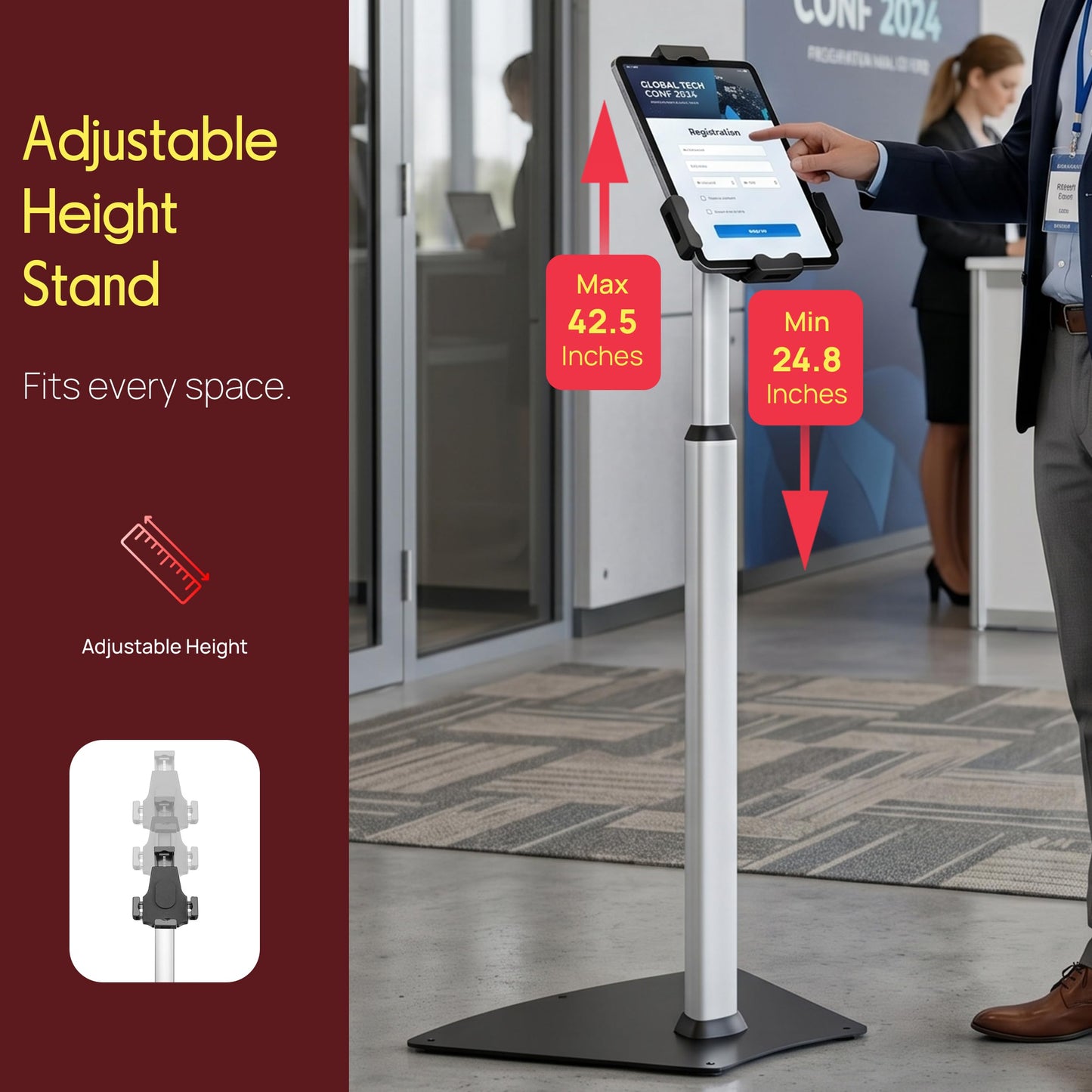 Pyle Anti-Theft Tablet Security Stand Kiosk-Heavy Duty Aluminum Metal Floor Standing Mount Tablet Case Holder Display w/Height Adjustable Pole,Fits iPad Mini 2 3 4 Air Samsung Tablets-Pyle PSPADLK60