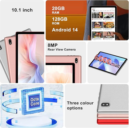 Android 14 Tablet 10 Inch Tablets, 20GB+128GB/1TB Expandable, Tablets with Octa-Core, WiFi 6, Dual Camera, BT 5.0, 6000mAh Battery, HD IPS Display, Widevine L1, Tablet with Keyboard Mouse - Sliver