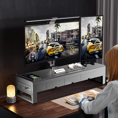 Computer monitor stand with three drawer ，22W charging , 2 USB 3.0 , and 1 USB 2.0 ，Laptop Desk Shelf & Monitor Riser 27.55 inches long desk riser Monitors/PC/Laptop/Computer Space Saver Organizer ，Heavy Duty Gift Gaming Studio Office(USB Hub Fast Char...