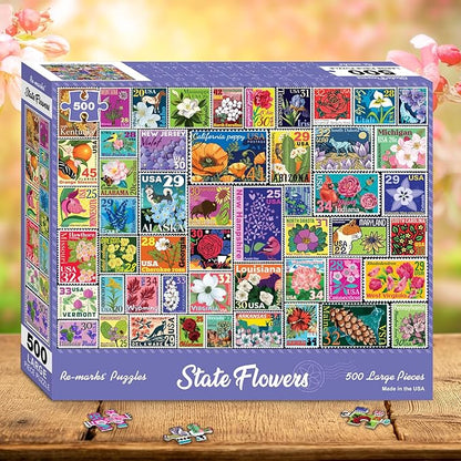 Re-marks State Flowers Stamp Collage Jigsaw Puzzle, 500 Large Piece Jigsaw Puzzle for All Ages