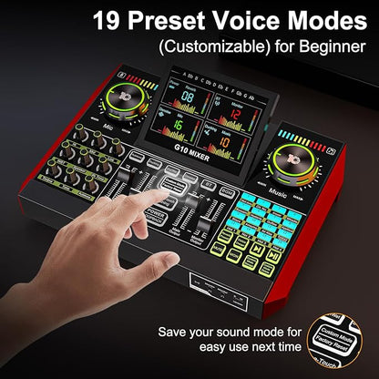Audio Mixer, Sound Board for Pc/Phone Live Streaming Singing Gaming, Sound Mixer for 3.5mm/Xlr Dynamic/48V Microphone, Live Sound Card with DJ Mixer Effects & Voice Changer, Denoise, One Click Mute