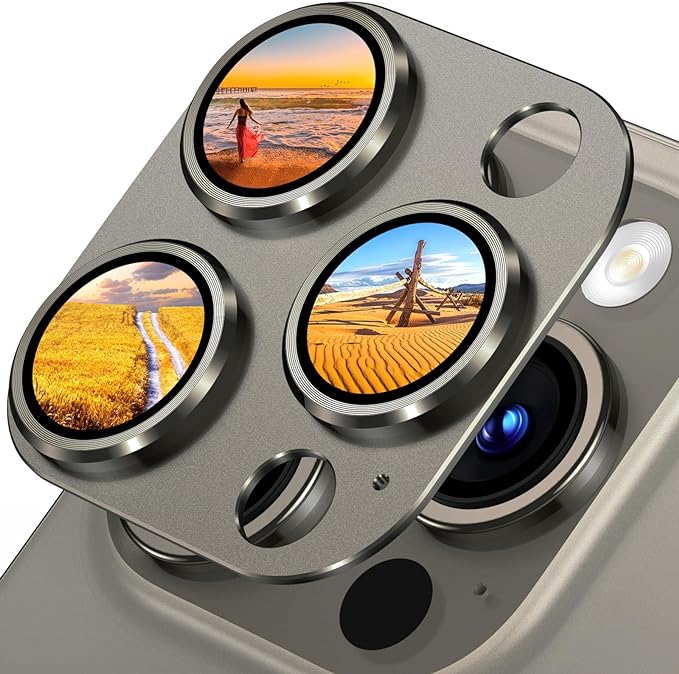 Uyiton Compatible with iPhone 15 Pro/iPhone 15 Pro Max Camera Lens Protector, [Not Easy to Break][Strong Adsorption][Case-Friendly] Metal Tempered Glass Rear Camera Screen Cover - Natural Titanium