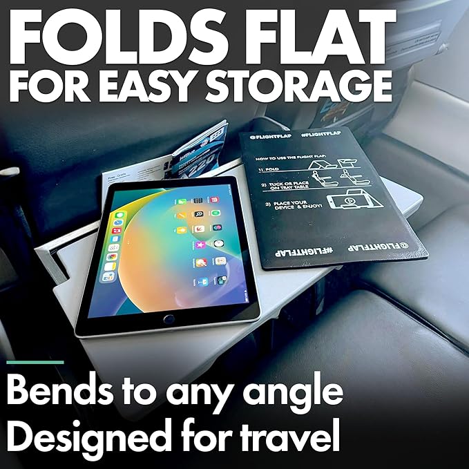 Airplane Tablet Holder, Extra Large 12x7” Flexible Cell Phone and Tablet Holder, Folding Cellphone Stand for Desk, Kindle, Bed, Long Flight Travel Accessories, Plane Essentials (Black)