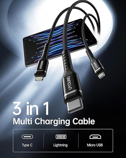 Multi Charging Cable 2Pack 4FT, 3 in 1 Charger Cable Braided Universal Phone Charging Cord with Lightning/Type C/Micro USB Ends, Multiple USB Cable for iPhone/Samsung/Google Cell Phones and More