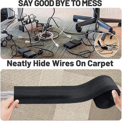 IHKFILAN Carpet Cord Cover Carpet Cable Management Under Desk Cable Grip Strip Black Hook and Loop Tape Cable Polyester Cover Protect Cables to Prevent Tripping Over Wires for Homes & Office (30ft)
