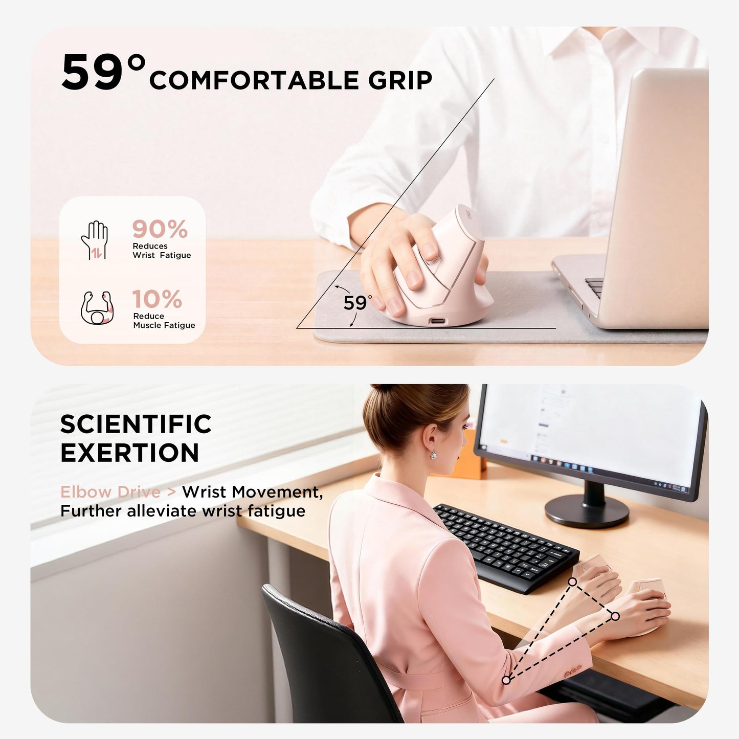 Uineer Vertical Ergonomic Mouse, Wireless Bluetooth Mouse, 3-Device,Quiet