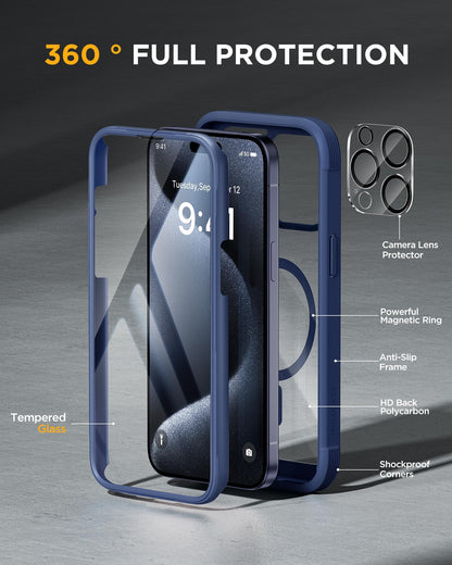 Miracase Magnetic for iPhone 12 Pro Max Case [Compatible with MagSafe] Full-Body Phone case with Built-in Glass Screen Protector& Camera Protector, Military Drop Proof 12 Pro Max Cover, Blue