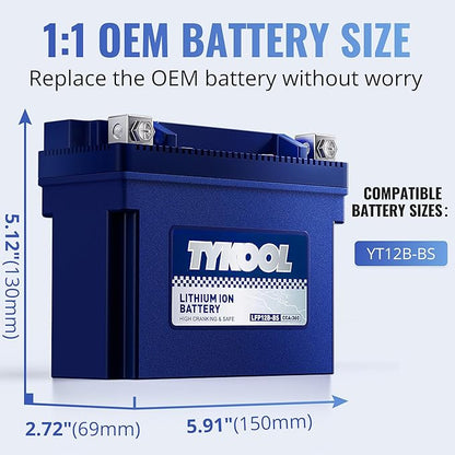 TYKOOL YT12B-BS, 3X Cranking Amps,Lithium LiFePO4 Motorcycle Battery, 12V 6Ah, 360CCA,Powersports Battery, Compatible for Ducati,Kawasaki 1000cc,Triumph 865cc,Yamaha 600cc,1000cc,Piaggio Vespa Scooter