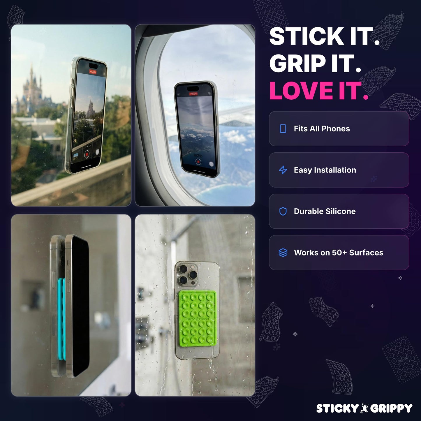 StickyGrippy Suction Phone Case Mount, Sillicon Adhesive Phone Accessory for iPhone and Android, Hands-Free Fidget Toy Mirror Shower Phone Holder, Tiktok Videos and Selfies (Translucent)