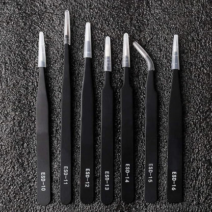 Precision ESD Anti-Static Tweezers, 7 pcs Stainless Steel Tweezers Set for Electronics, Jewelry-making, Laboratory Work, Repairing, Hobbies