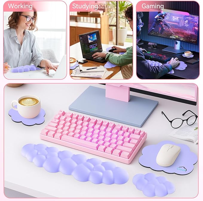 Sushret Cloud Wrist Rest for Computer Keyboard and Mouse Pad Set, Purple