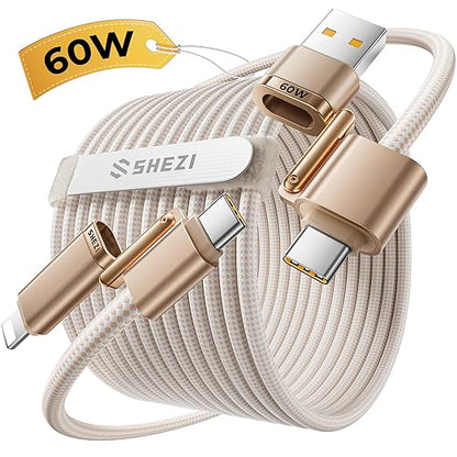 SHEZI 4-in-1 Compatible with USB C to Lightning Cable 60W Fast Charging &Data Transfer, Support to CarPlay & Android Auto,5FT Multi Cords Charger Combo for iPhone/iPad/Samsung/MacBook Cable, Titanium