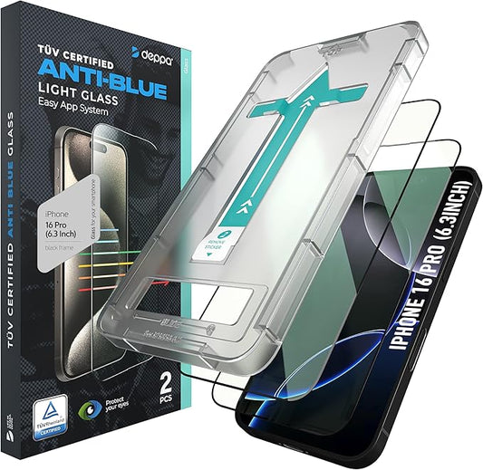 Deppa |2 Pack| for iPhone 17/ iPhone 16 Pro (6.3') Anti-Blue Light Screen Protector | Scratch Resistant Tempered Glass | 3D Edge to Edge Coverage | Easy Installation Kit | Eye Safeguard TÜV Certified