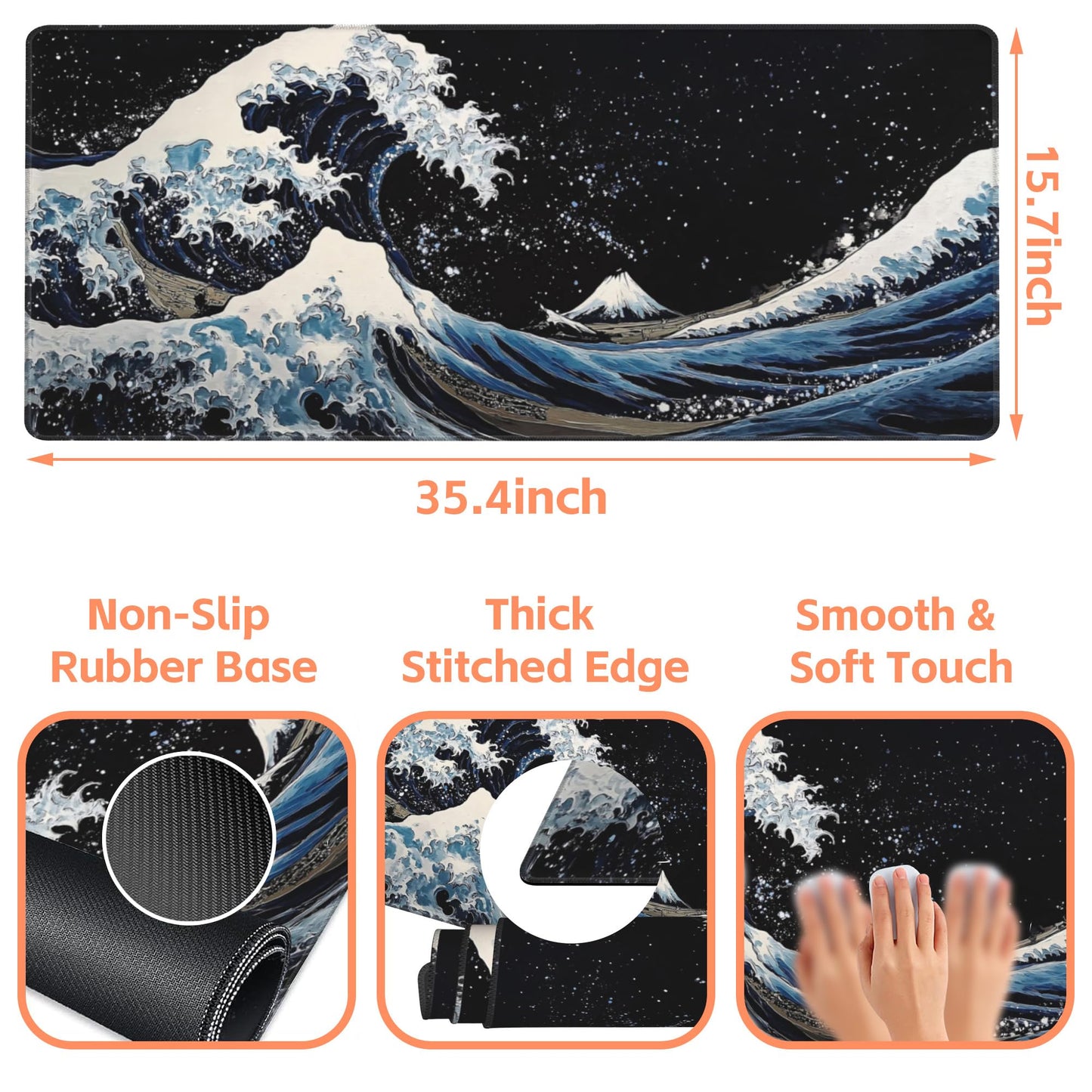 NIYLYNSYN Mouse Pad Large Wave in The Night Sky Non-Slip Game Desk Mat with Stitched Edge Laptop Keyboard Desk Pad for Work Home Gaming (35.4 x 15.7 Inches)